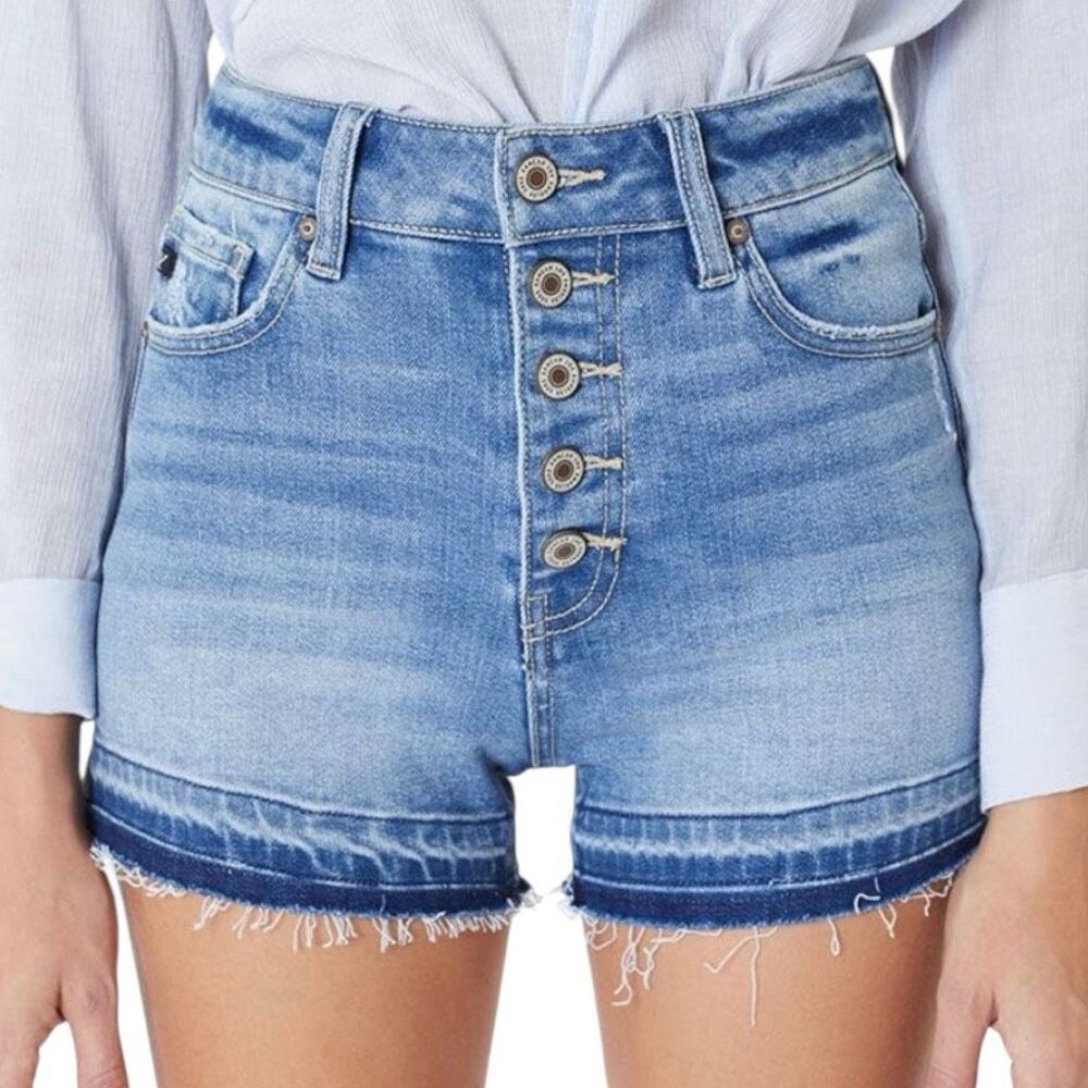 KanCan High Rise Button Fly Denim Shorts Raw Frayed Hem Medium Wash NWT